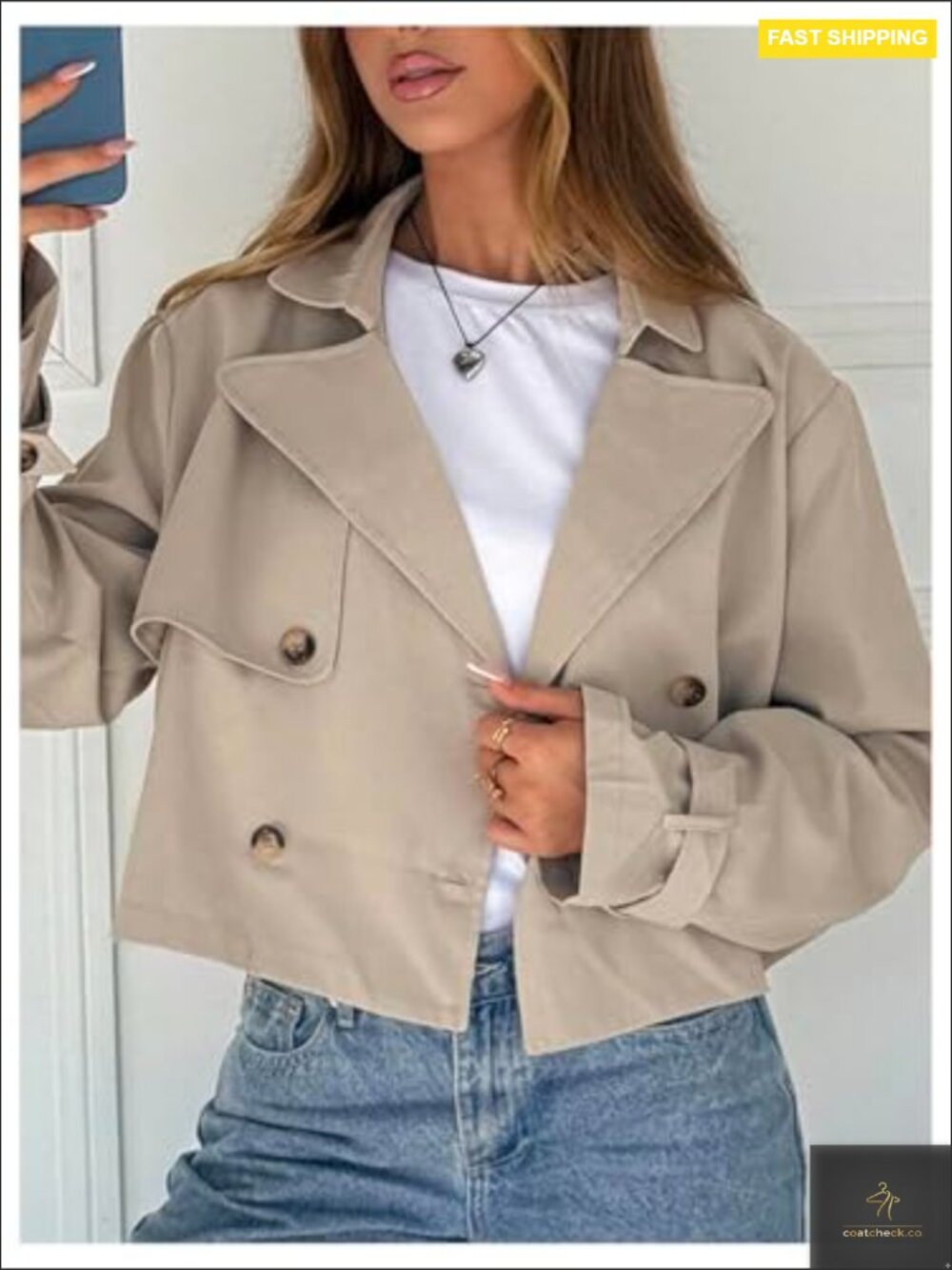 Cropped Trench Coat Lapel Collar Double Breasted Lightweight Business Casual - Picture 3 of 5